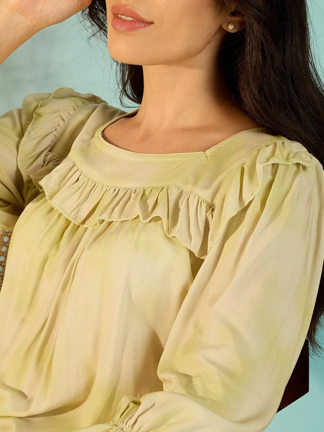 Pastel Yellow Soft Frill Luxury Night Dress For Women