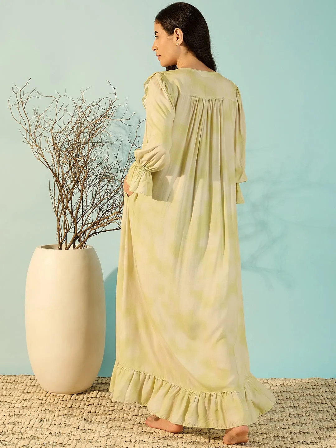 Pastel Yellow Soft Frill Luxury Night Dress For Women