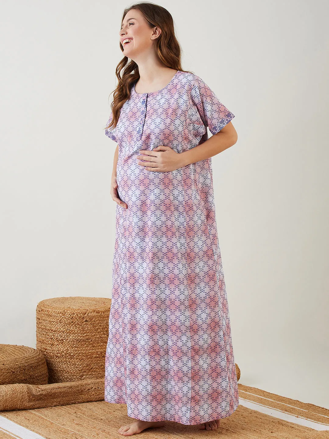 Pink Tie Dye Textured Maternity Nightdress