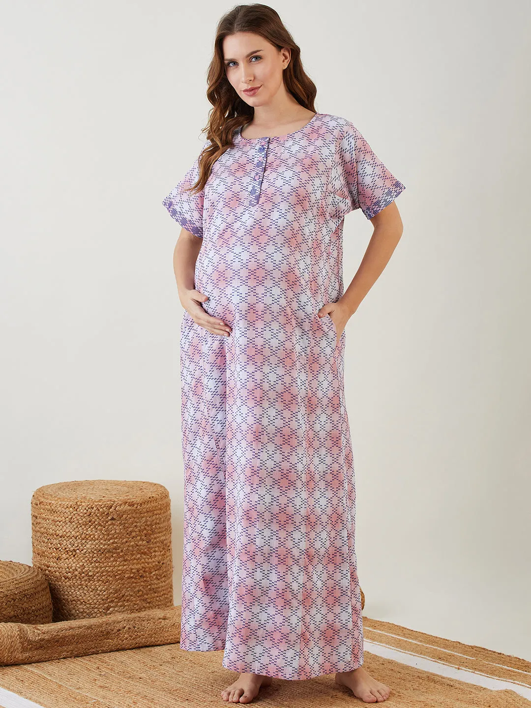 Pink Tie Dye Textured Maternity Nightdress