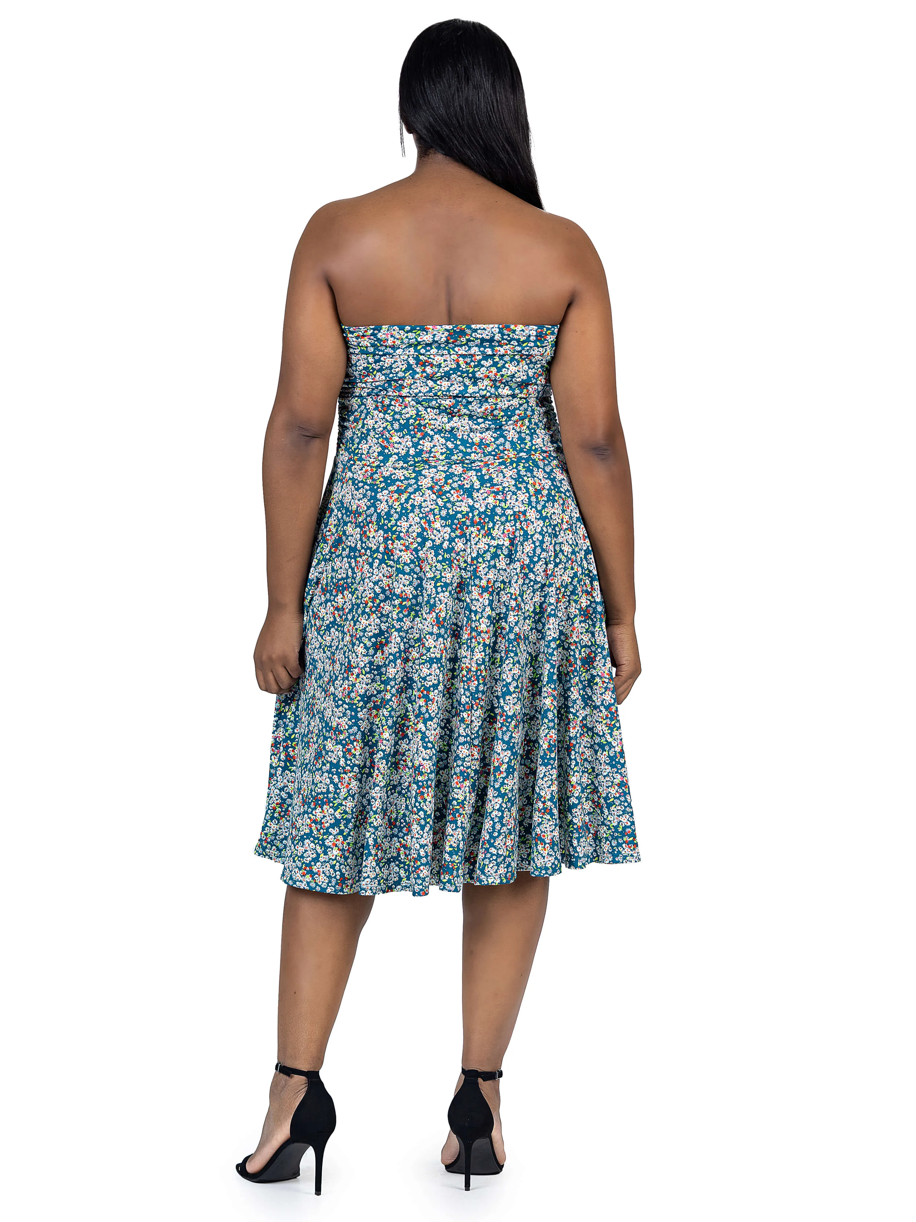 Plus Size Teal Floral Strapless Tube Top Flowy Knee Length Dress