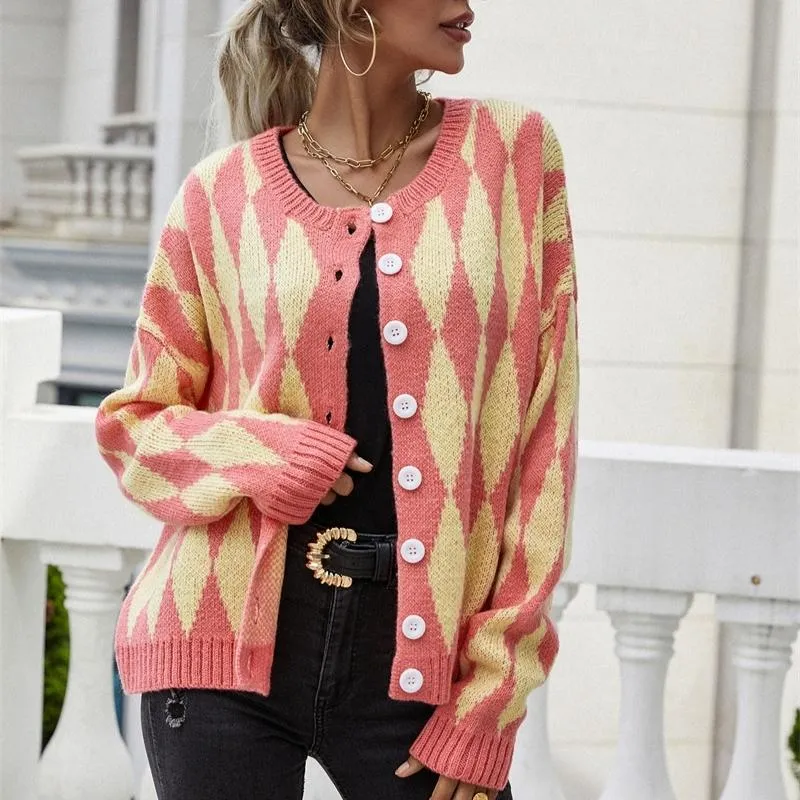 Print Crown Neck Knit Cardigan Outwear