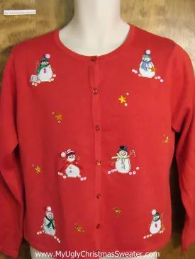 Red Ugly Christmas Jumper with Snowmen and Sequin Snow