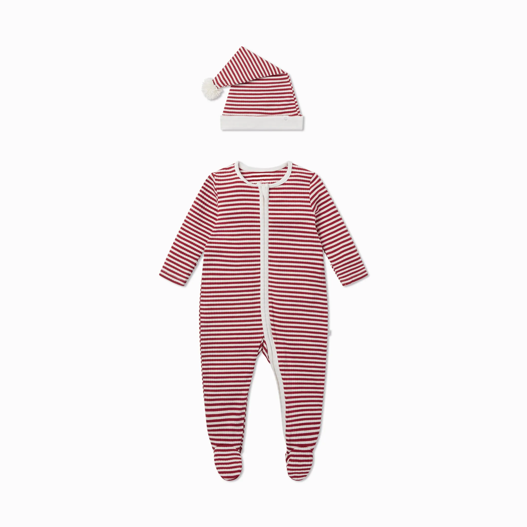 Ruby Stripe Ribbed Clever Zip Baby Pajamas & Elf Hat