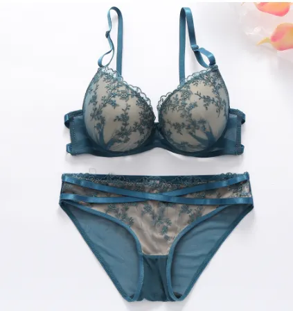 Sajiero French Padded Bra and Panty Set Sea Blue