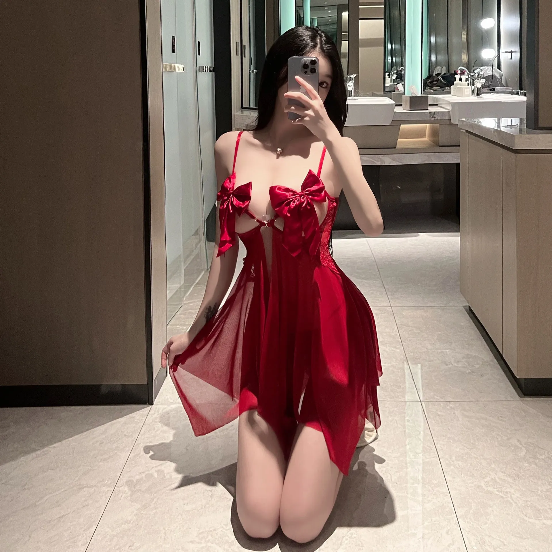 See-through bow halter sexy nightdress mesh deep V chest bag dress