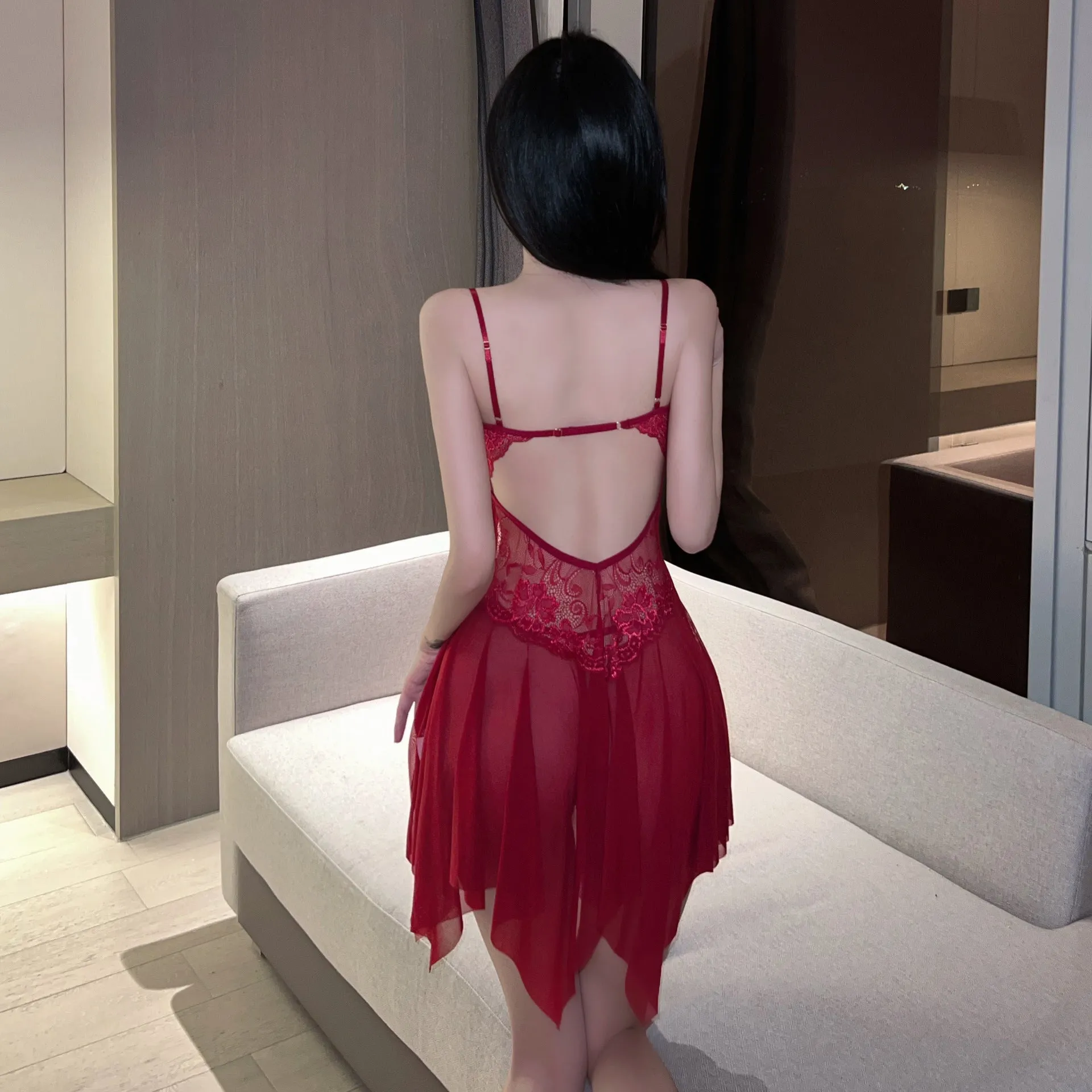 See-through bow halter sexy nightdress mesh deep V chest bag dress