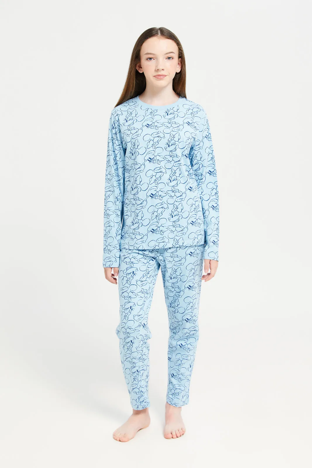 Senior Girls Blue Printed Long Sleeve Pyjama Set (2 Piece)