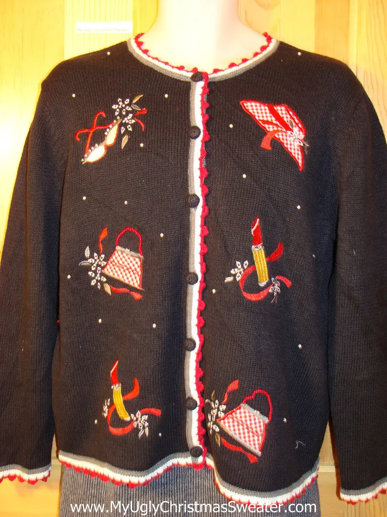 Tacky Cheap Ugly Christmas Sweater with Checkerboard Plaid Hat, Purse, Candle and Glasses with Scalloped Red Trim  (f645)