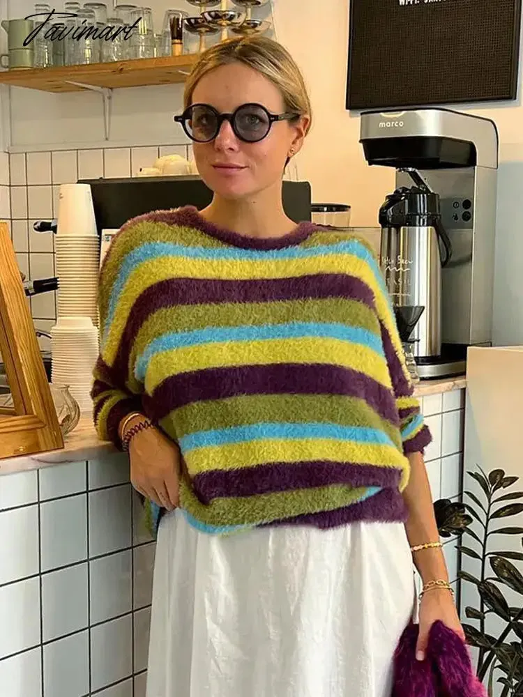 TAVIMART -  Colorful Mohair Striped Sweater For Women Fashion O Neck Long Sleeve Loose Knit Pullover 2024 Lady Chic Soft Street Warm Jumpers