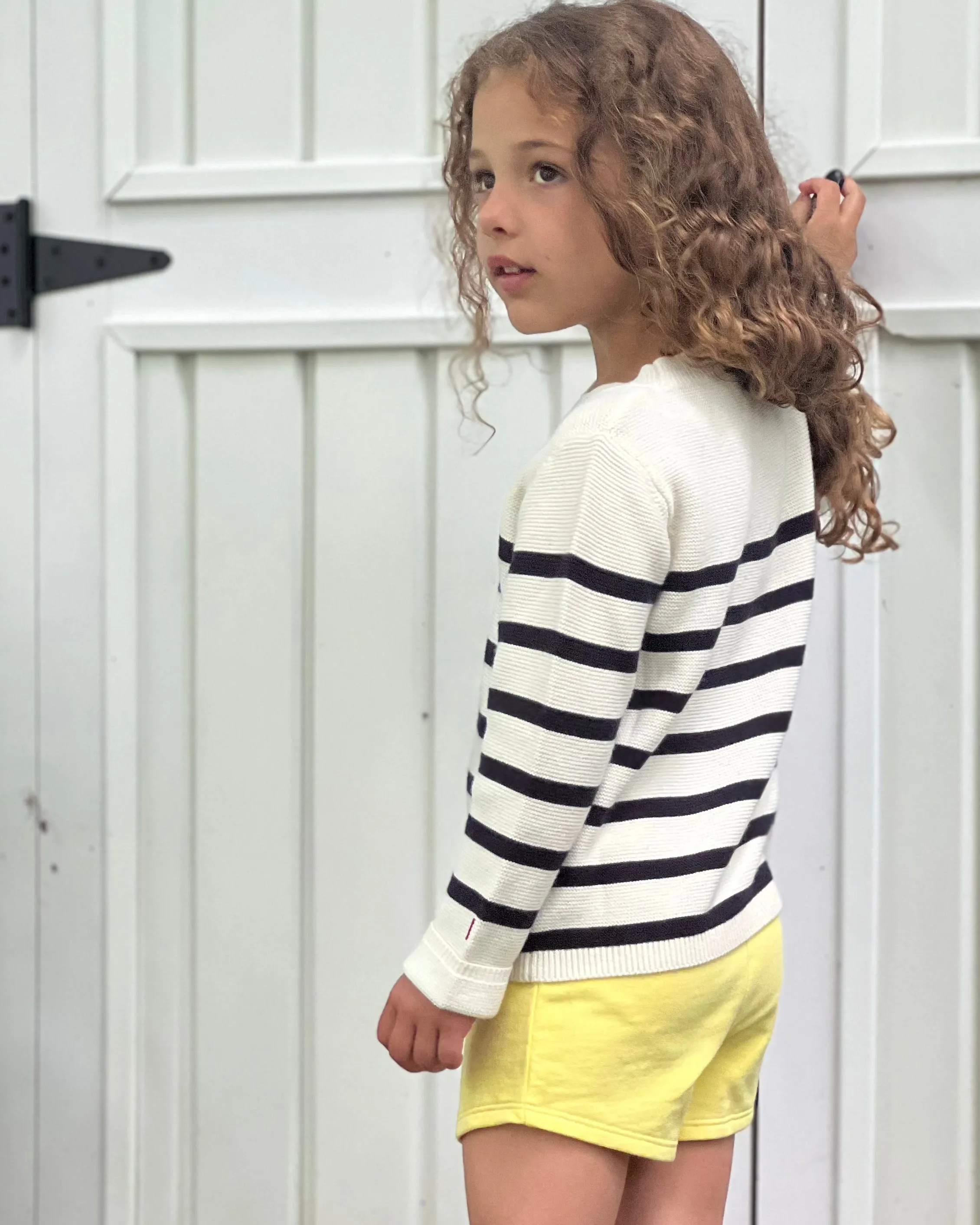 The Organic Garter Stitch Sweater [Cream and Navy Stripe]