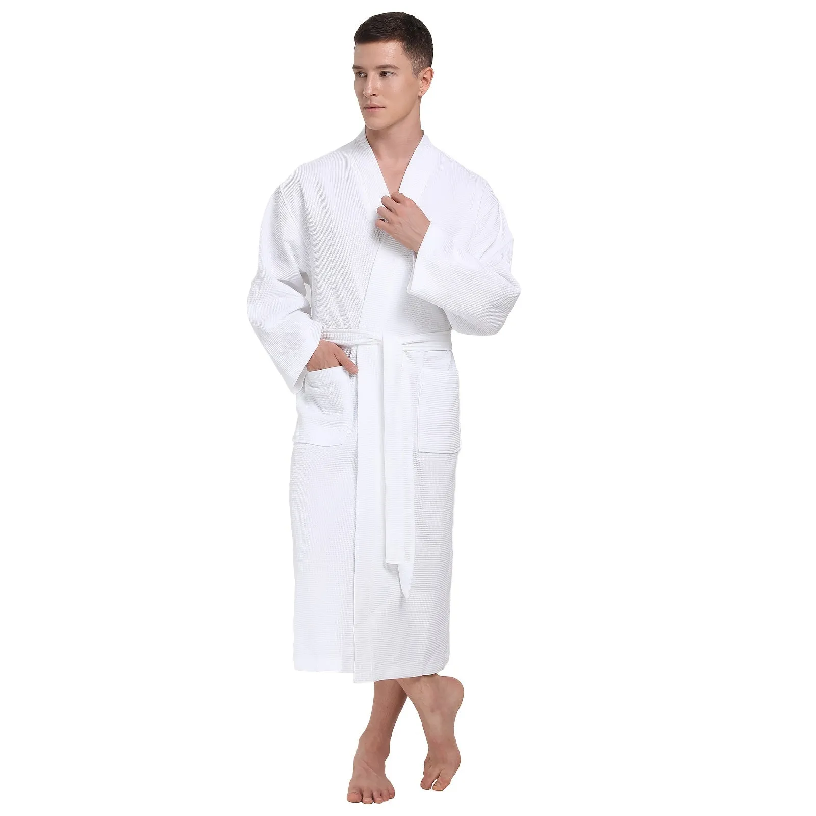 Ultra-Soft Cotton Waffle Men's Bathrobe - Extra Long, Plus Size, Plaid Design for Spring & Autumn