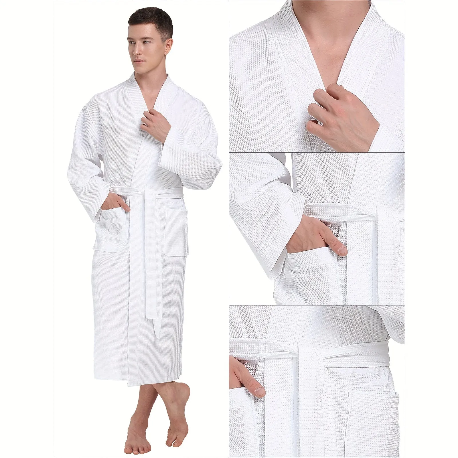 Ultra-Soft Cotton Waffle Men's Bathrobe - Extra Long, Plus Size, Plaid Design for Spring & Autumn