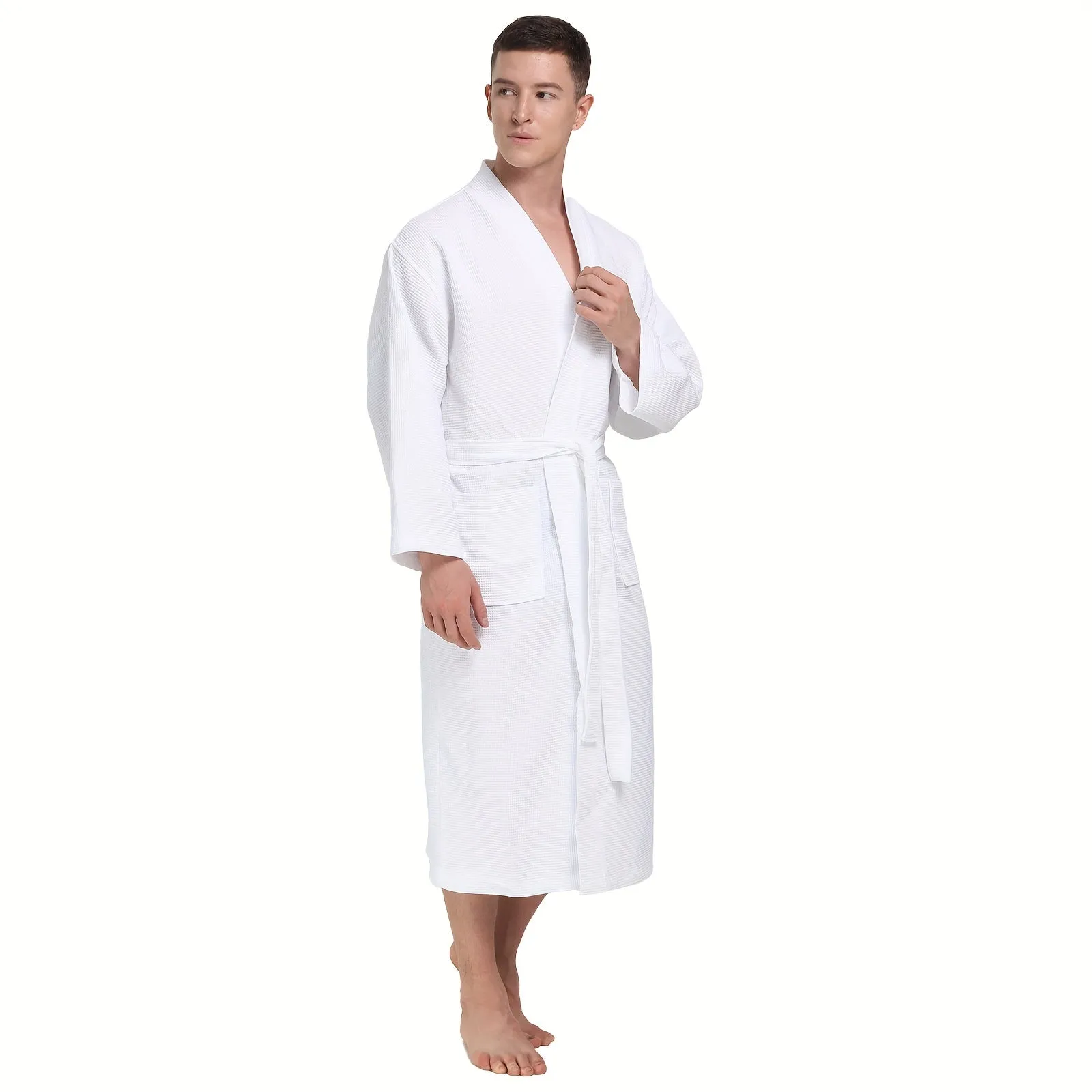 Ultra-Soft Cotton Waffle Men's Bathrobe - Extra Long, Plus Size, Plaid Design for Spring & Autumn