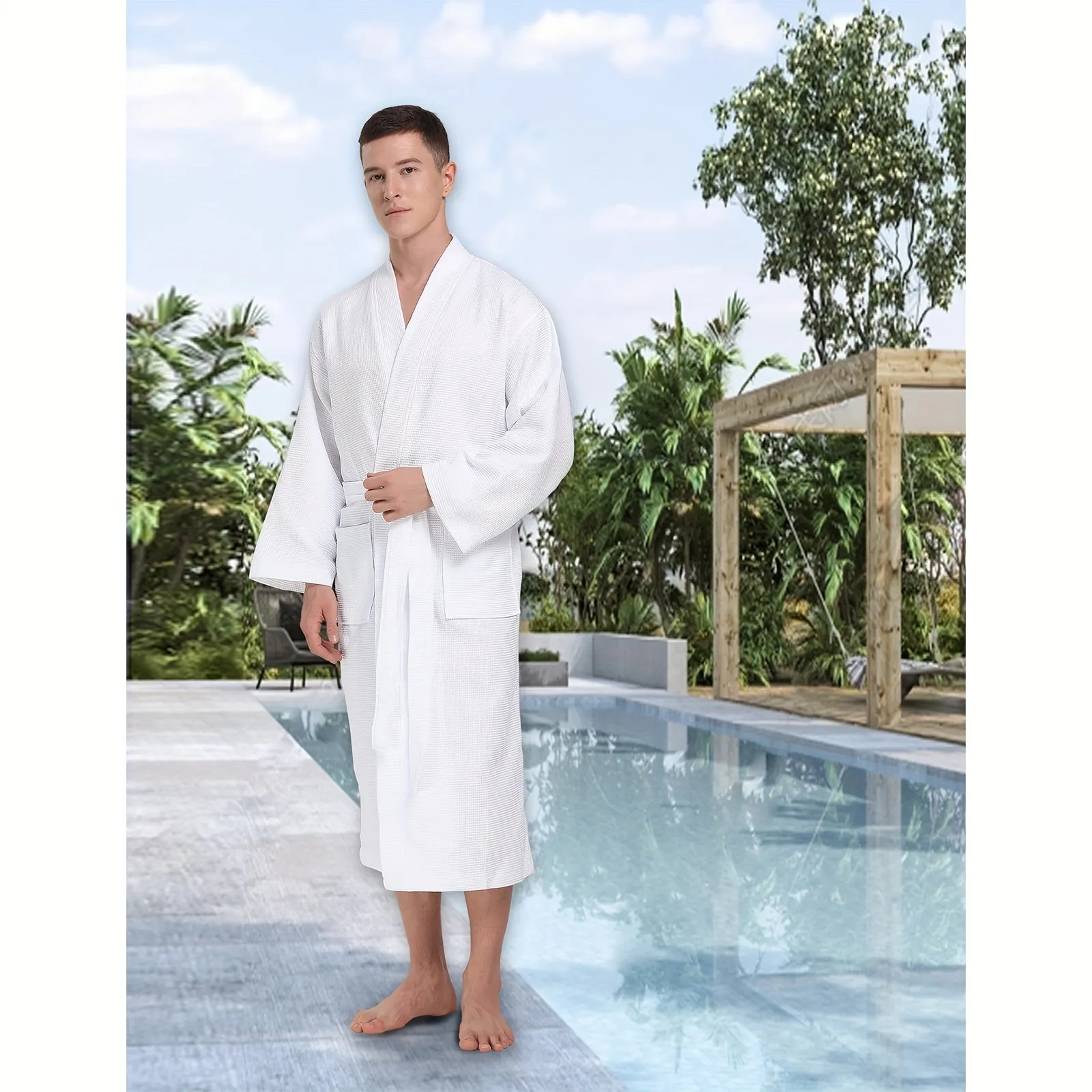 Ultra-Soft Cotton Waffle Men's Bathrobe - Extra Long, Plus Size, Plaid Design for Spring & Autumn