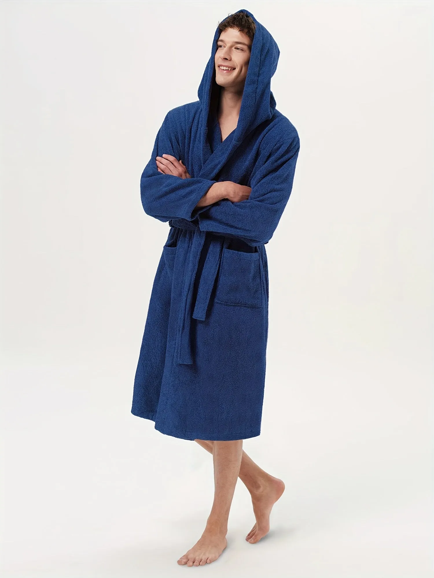 Ultra-Soft Terry Cloth Bath Robe - Men's Cotton Hooded Long Sleeves Knee Length Housecoat - Plush, Fluffy, and Absorbent for Ultimate Relaxation