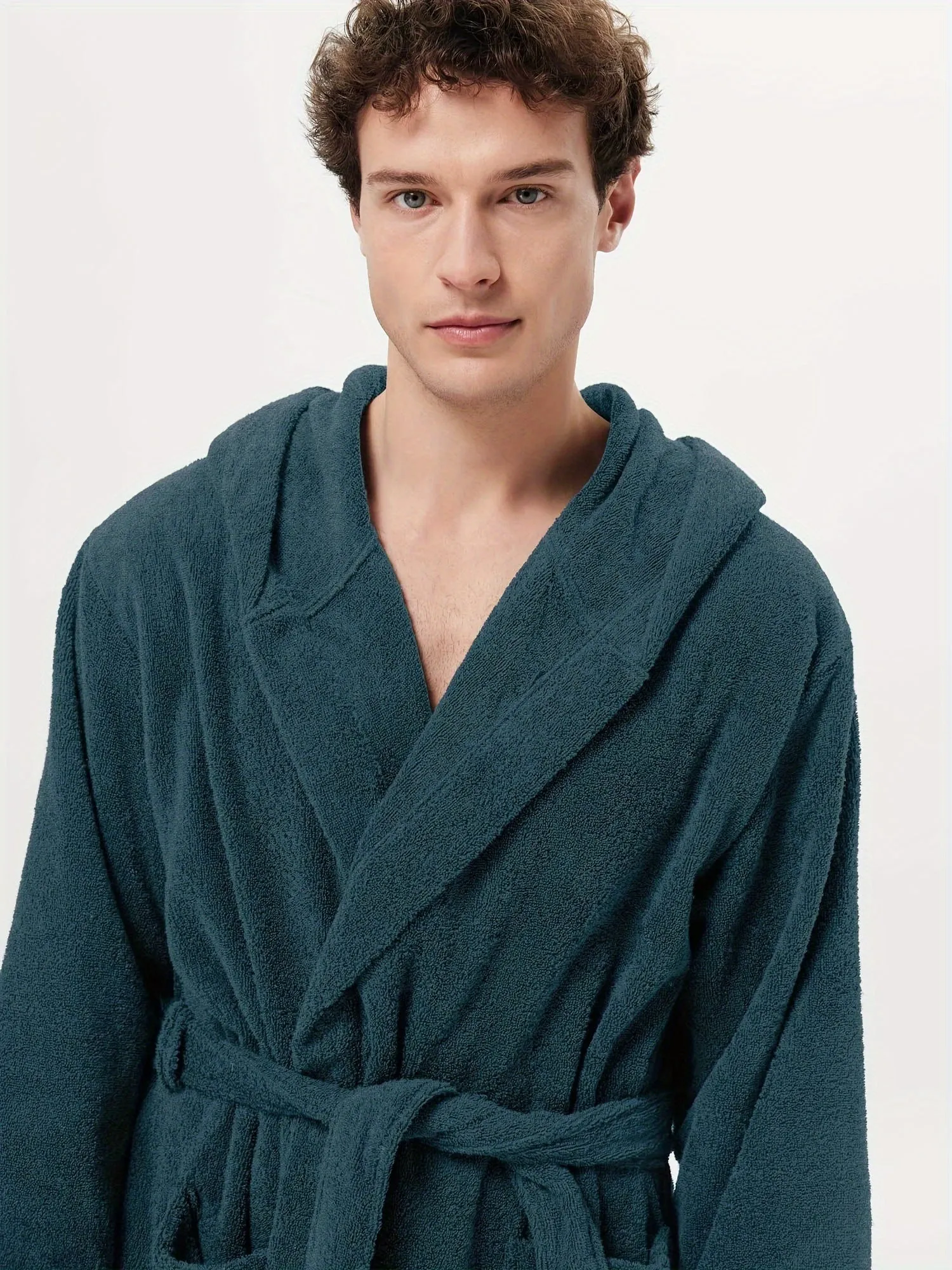 Ultra-Soft Terry Cloth Bath Robe - Men's Cotton Hooded Long Sleeves Knee Length Housecoat - Plush, Fluffy, and Absorbent for Ultimate Relaxation