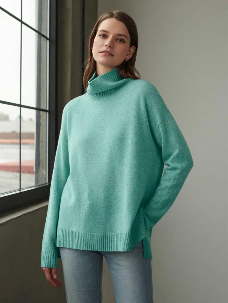 White   Warren - Cashmere Ribbed Stand Neck Sweater in Powdered Aqua