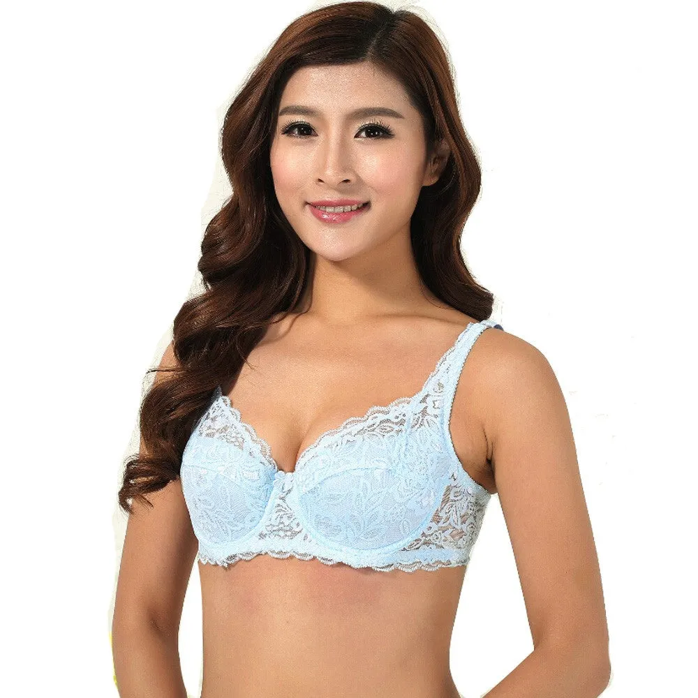 Women Deep V Ultrathin Push Up Bra  - Underwire 3/4 Cup Padded Lace Bra