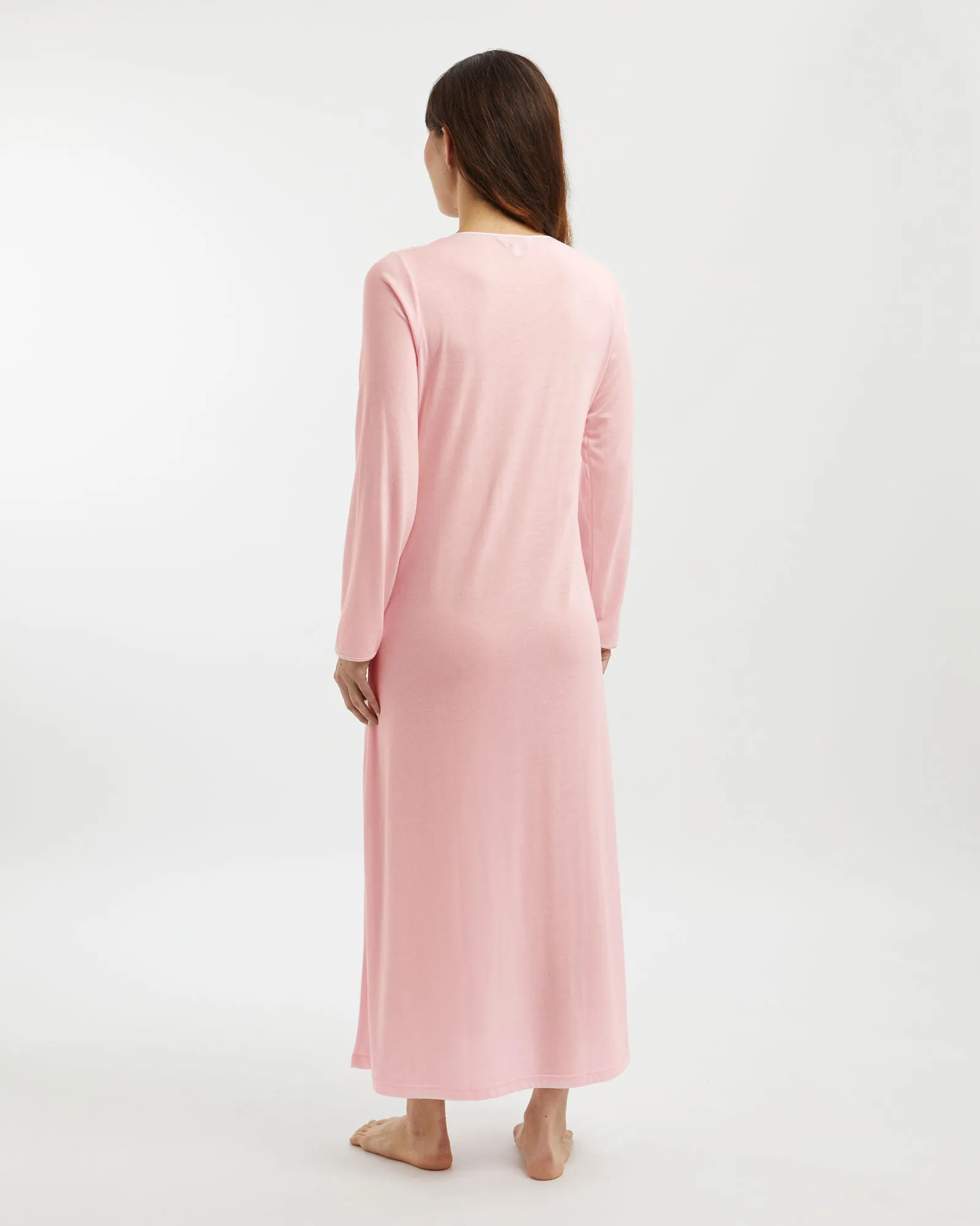 Women's French Pleat Long Sleeved Jersey Nightdress - Pink