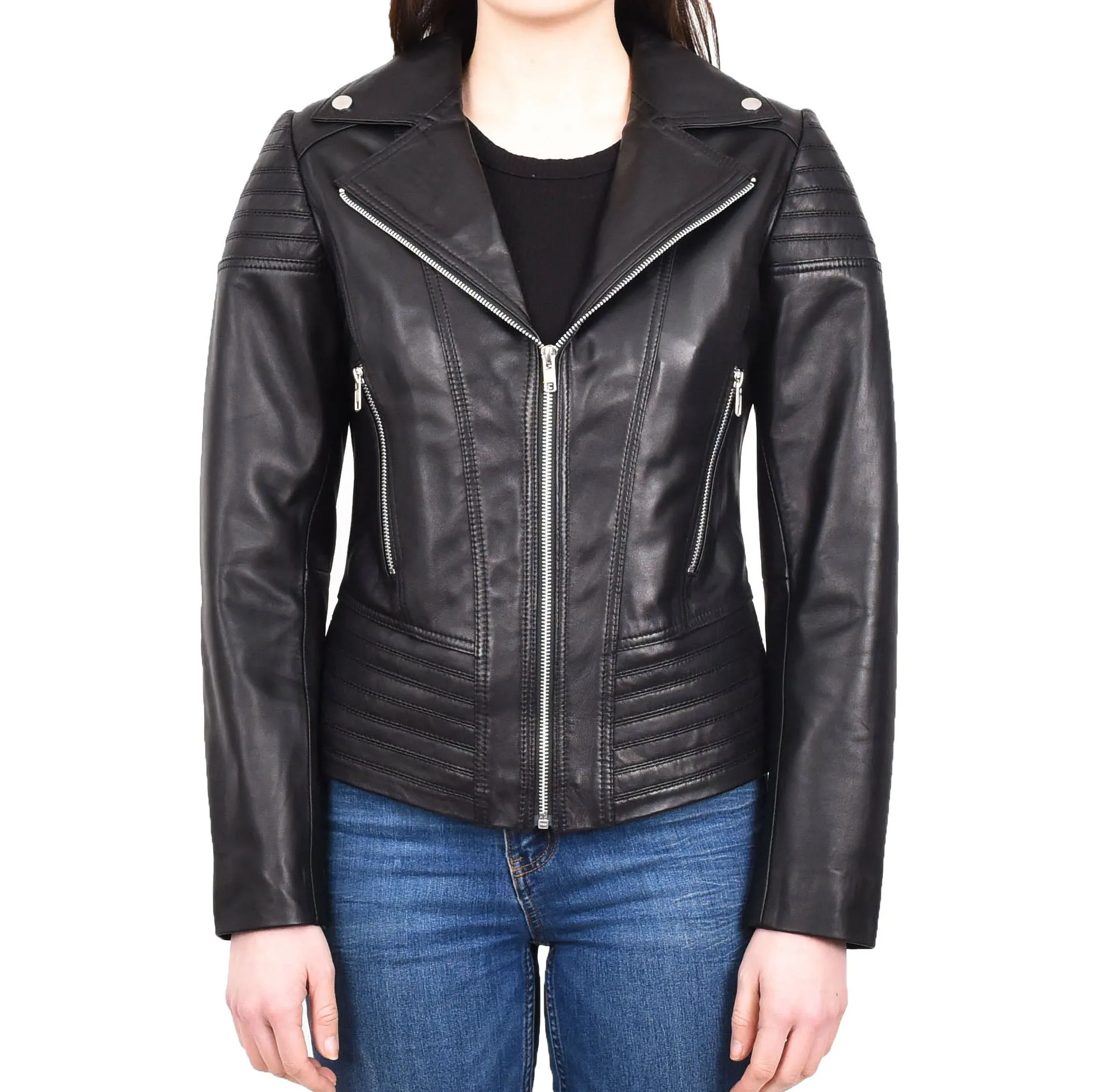 Womens Real Leather Biker Jackets Casual Fashion Outerwear Sonya Black