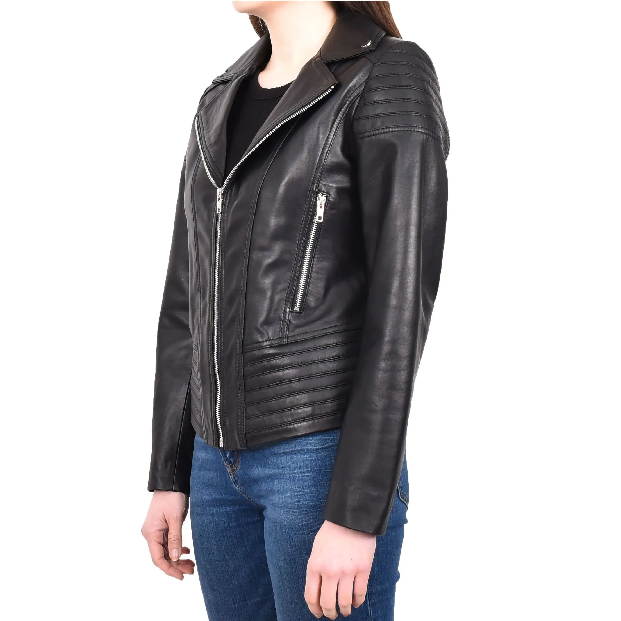 Womens Real Leather Biker Jackets Casual Fashion Outerwear Sonya Black