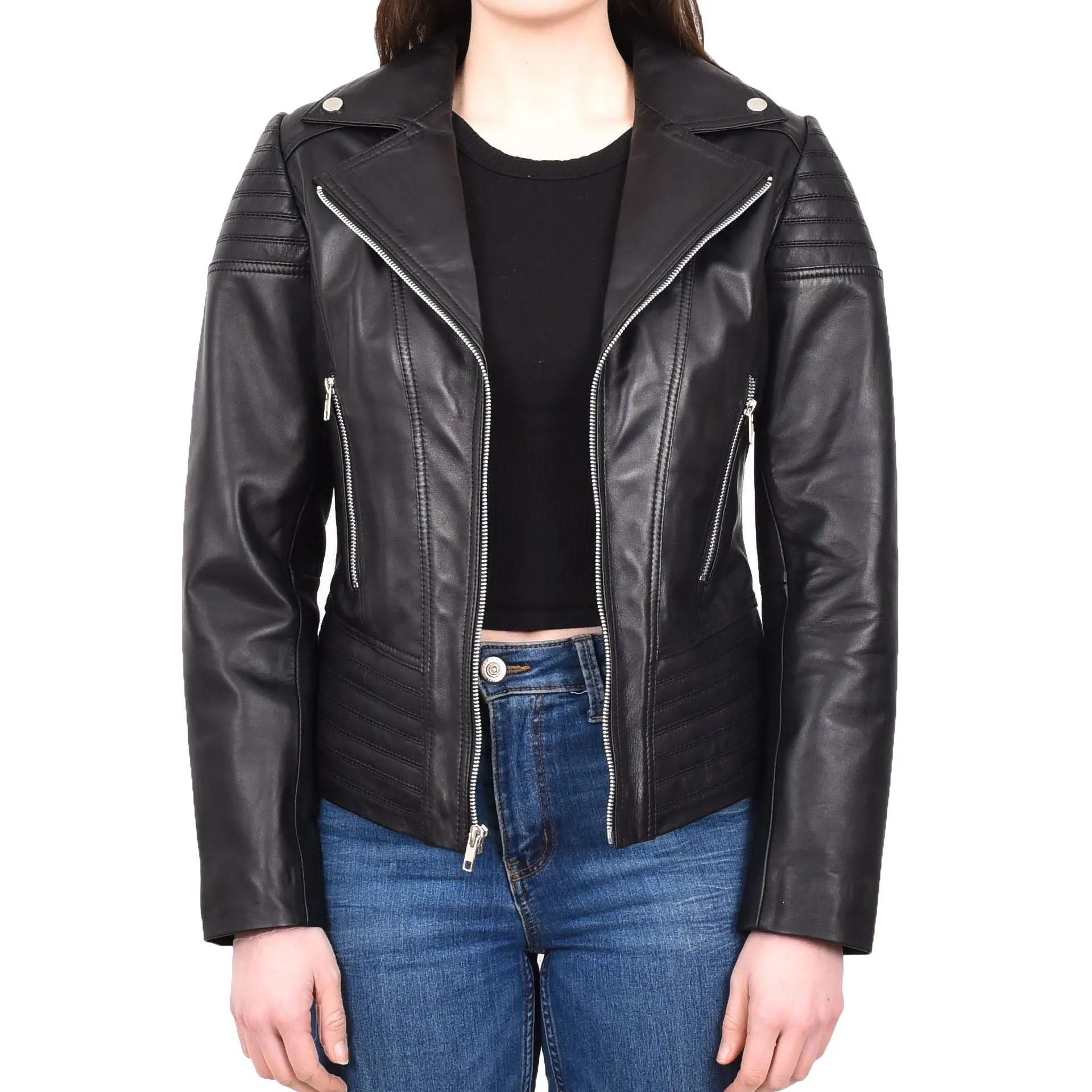 Womens Real Leather Biker Jackets Casual Fashion Outerwear Sonya Black