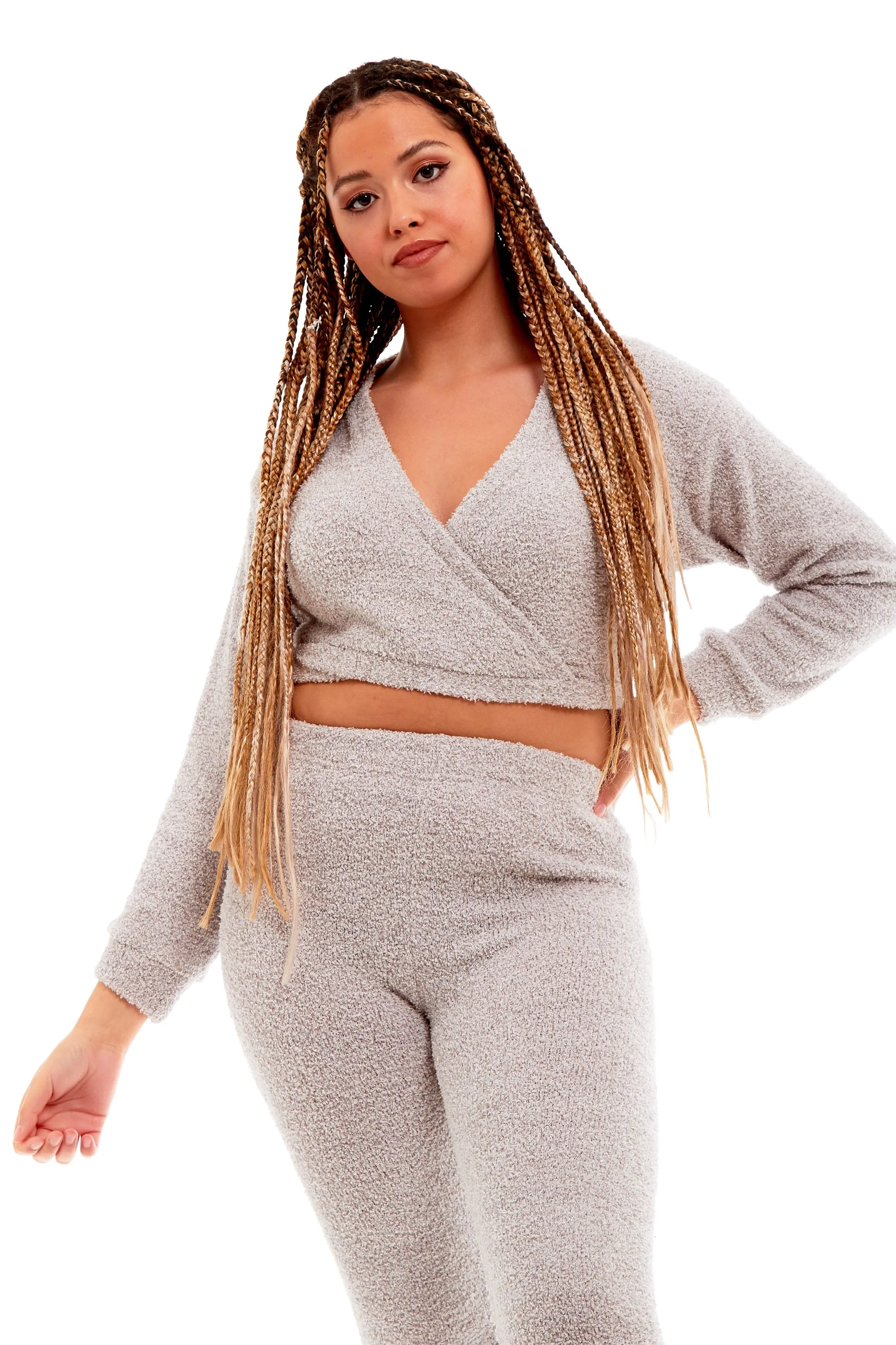 Women's Ultra-Soft Teddy Fleece Loungewear Set with Wrap Top and Stretch Pants Ideal for Lounge and Nightwear by Daisy Dreamer